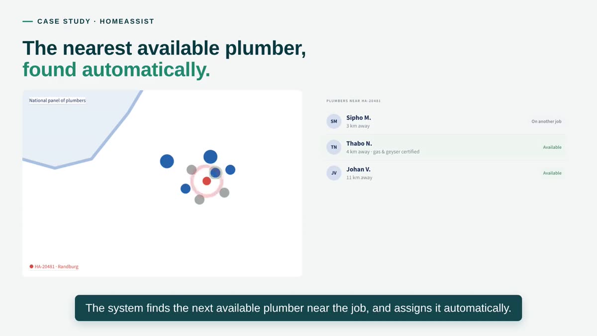 Still from the HomeAssist case study video: the nearest available plumber assigned to a job.