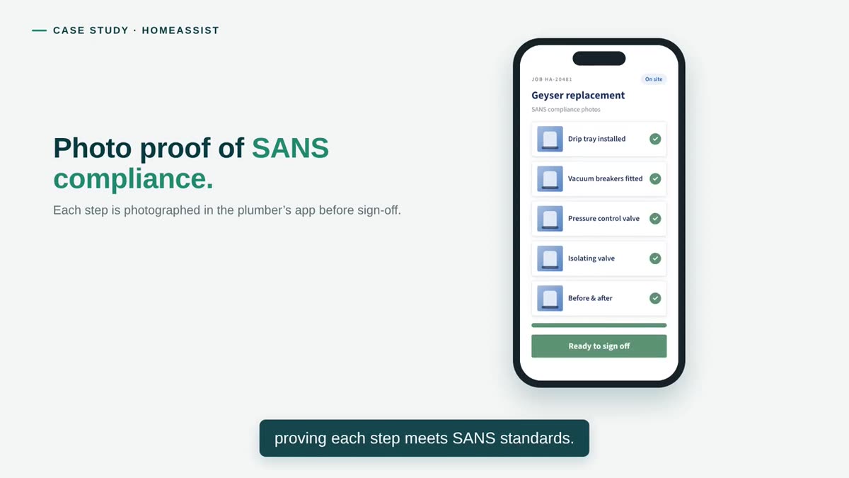 Photo proof of SANS compliance — illustrated in the HomeAssist case study video