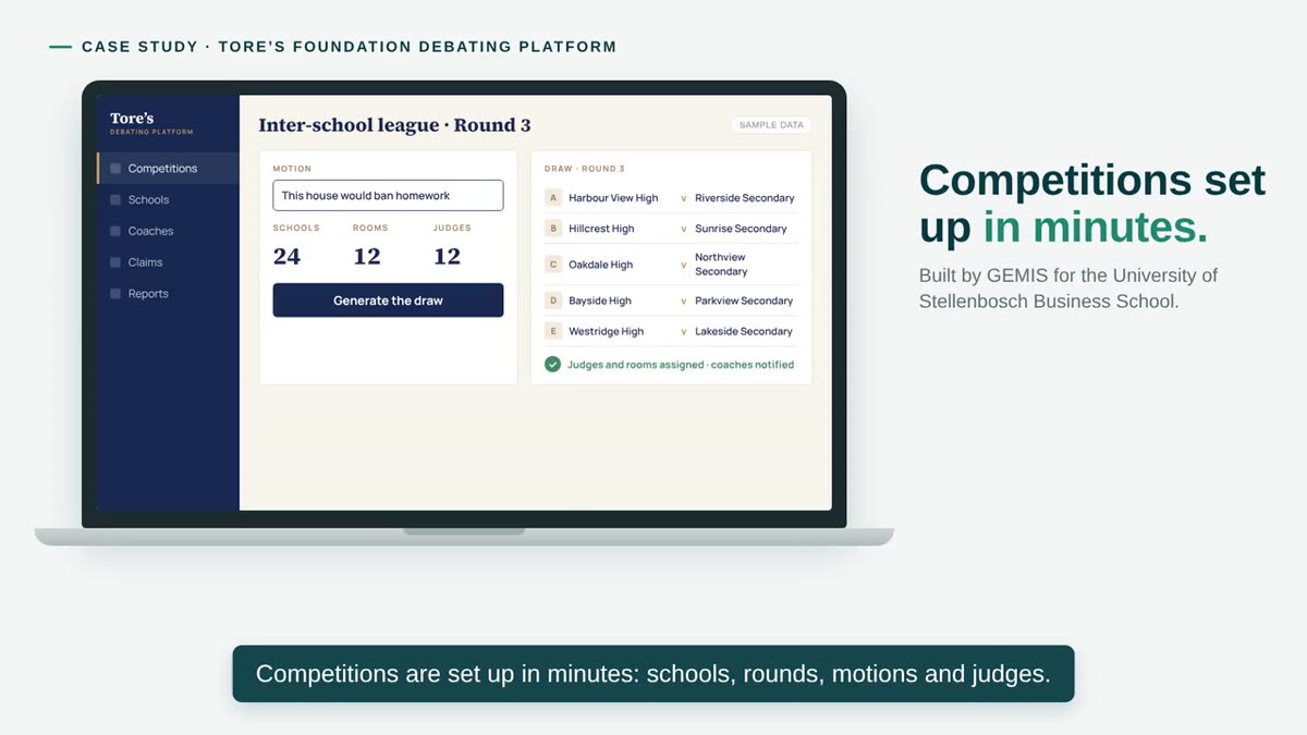 Competitions set up in minutes — illustrated in the Tore's Foundation case study video