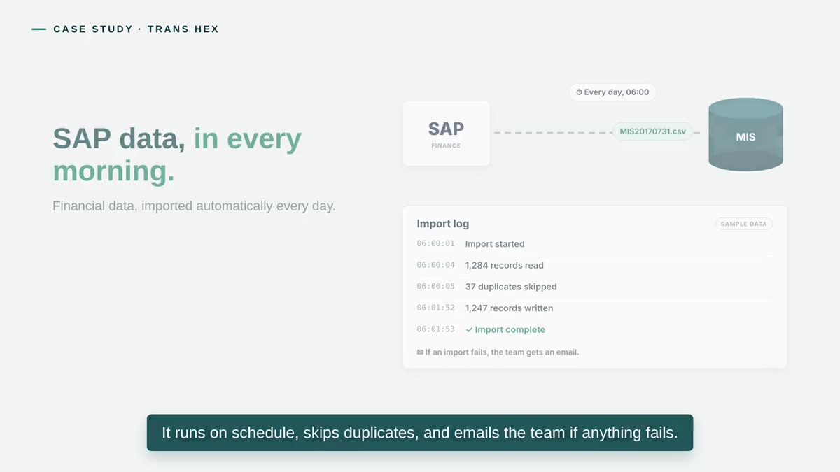 Still from the Trans Hex Group case study video: the scheduled SAP financial import and its log.