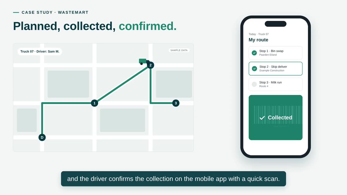 Still from the WasteMart case study video: a driver confirming a collection with a scan.